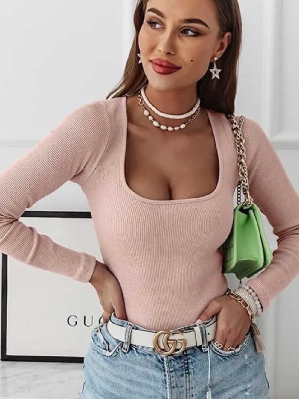Sexy! 💓 Ladies Pink Square Neck Ribbed Long Sleeve Casual Top | Dusty Rose